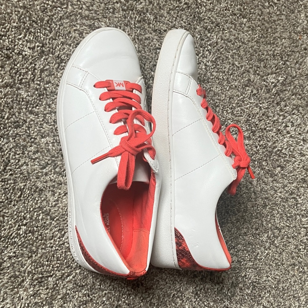 Michael Kors Irving Lace-Up Leather White/Watermelon Snake Skin Sneakers 6.5